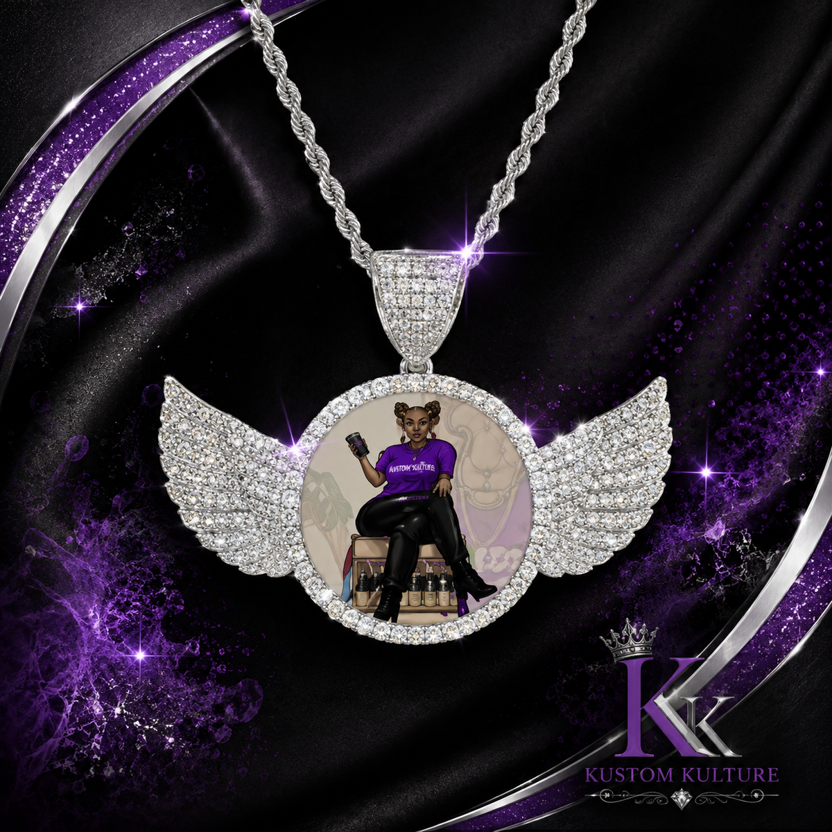 Custom Bling Wing Photo Pendant | Personalized Picture Necklace