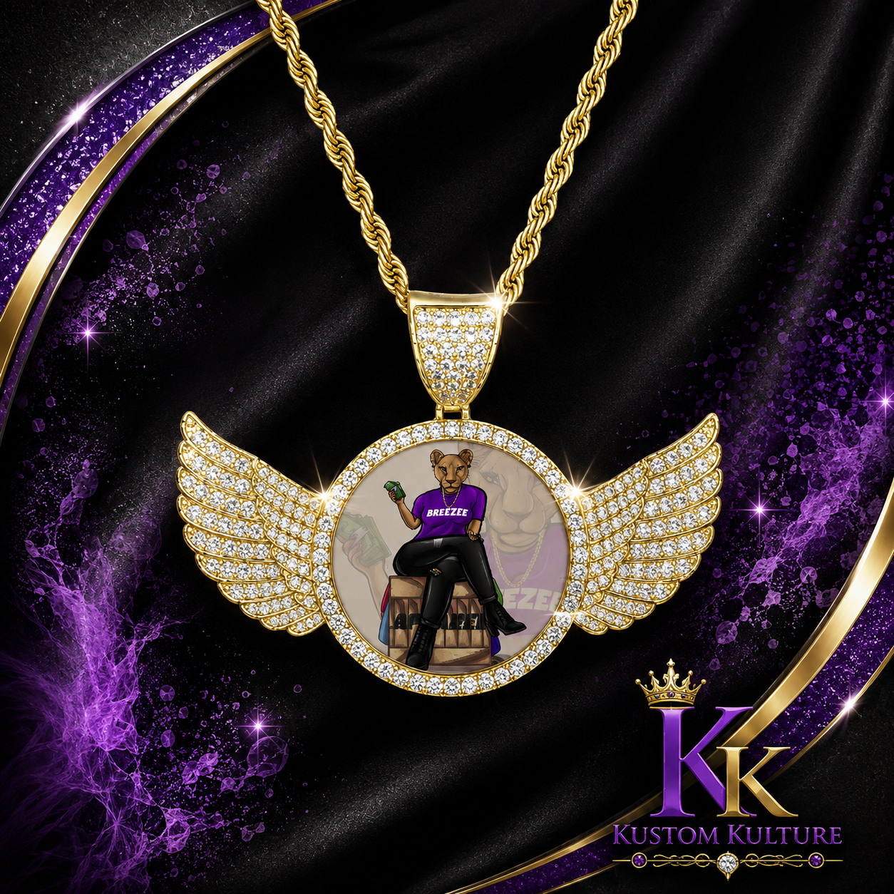 Custom Bling Wing Photo Pendant | Personalized Picture Necklace